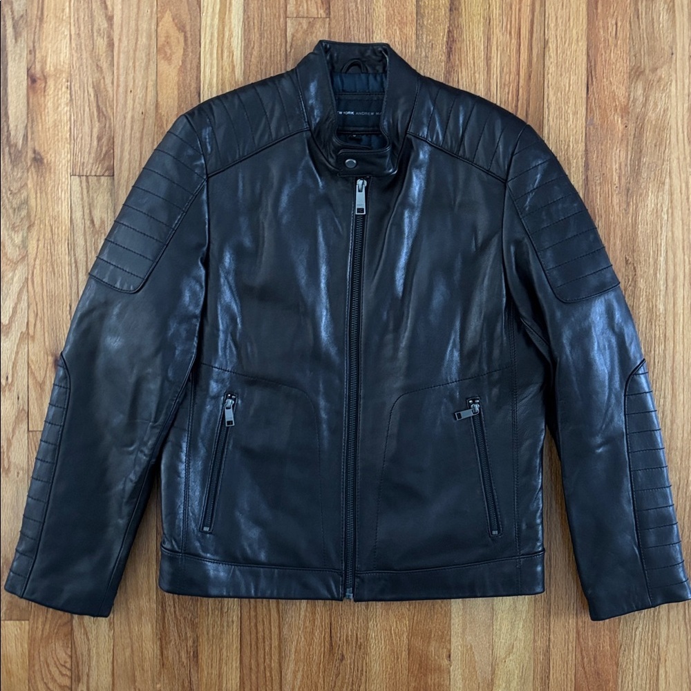 Andrew Marc Men's Black Leather Jacket Bomber Moto Quilted Sz M Soft